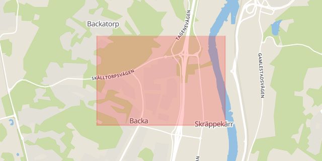 Karta som med röd fyrkant ramar in Bäckebol, Göteborg, Västra Götalands län