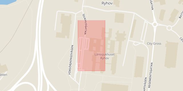 Karta som med röd fyrkant ramar in Länssjukhuset Ryhov, Stil, Jönköping, Jönköpings län