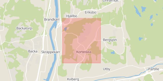 Karta som med röd fyrkant ramar in Kortedala, Göteborg, Västra Götalands län