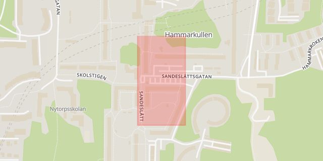 Karta som med röd fyrkant ramar in Hammarkullen, Sandeslätt, Göteborg, Västra Götalands län
