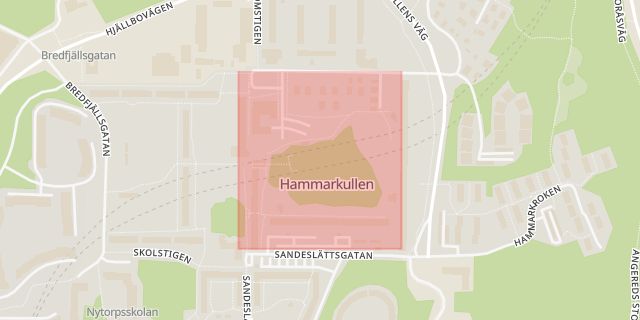 Karta som med röd fyrkant ramar in Hammarkulletorget, Göteborg, Västra Götalands län