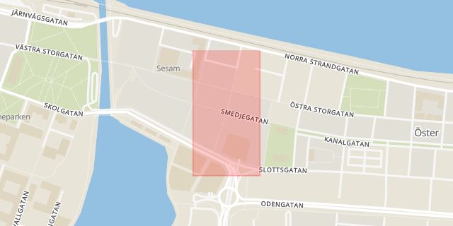 Karta som med röd fyrkant ramar in Atollen, Östra Storgatan, Smedjegatan, Jönköping, Jönköpings län