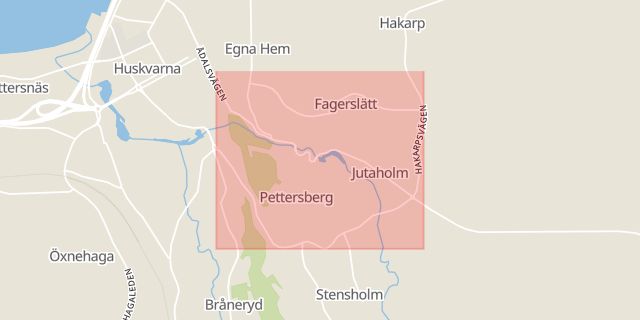 Karta som med röd fyrkant ramar in Huskvarna, Hakarpsvägen, Jönköping, Jönköpings län