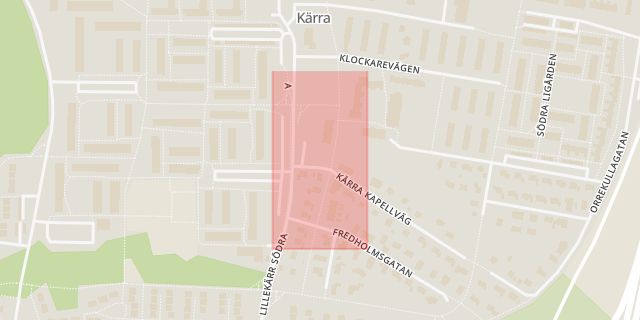 Karta som med röd fyrkant ramar in Kärra, Kärra Kyrka, Göteborg, Västra Götalands län