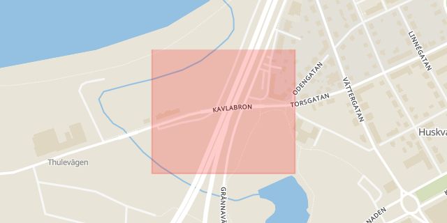 Karta som med röd fyrkant ramar in Huskvarna, Kavlabron, Jönköping, Jönköpings län