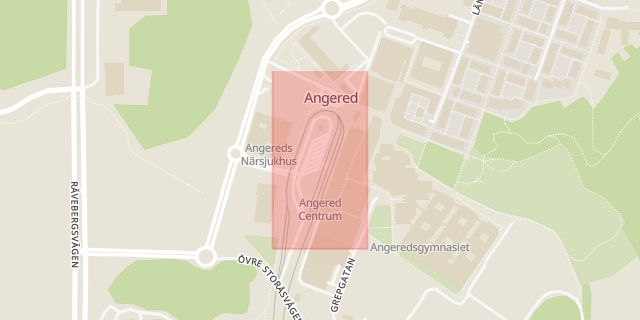 Karta som med röd fyrkant ramar in Angereds Centrum, Lerum, Kinna, Nabbamotet, Västra götalands län