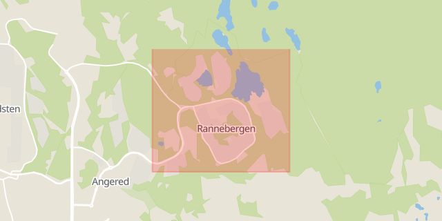 Karta som med röd fyrkant ramar in Rannebergen, Göteborg, Västra Götalands län