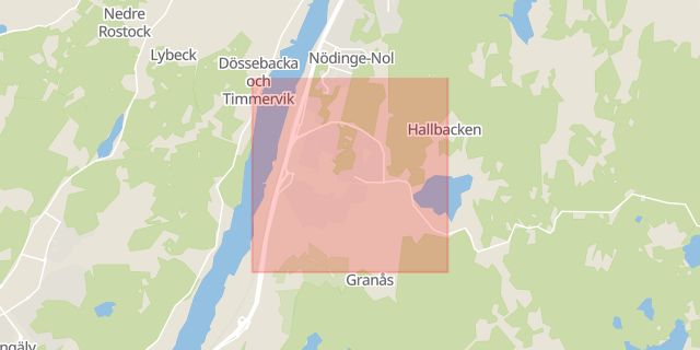 Karta som med röd fyrkant ramar in Nödinge, Ale, Västra Götalands län