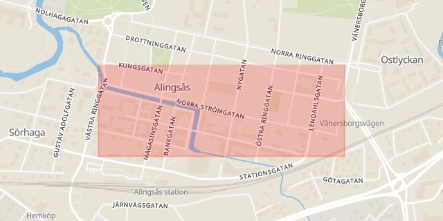 Karta som med röd fyrkant ramar in Göteborg, Avenyn, Alingsås, Norra Strömgatan, Västra Götalands län