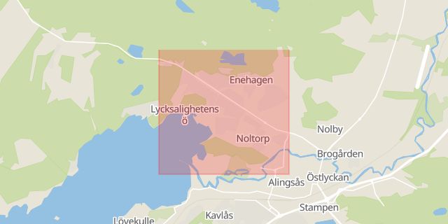 Karta som med röd fyrkant ramar in Noltorp, Alingsås, Västra Götalands län