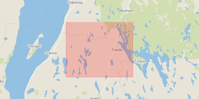 Karta som med röd fyrkant ramar in Tranås Kommun, Tranås, Jönköpings län