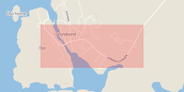 Karta som med röd fyrkant ramar in Grundsund, Lönndalsvägen, Uddevalla, Västra Götalands län