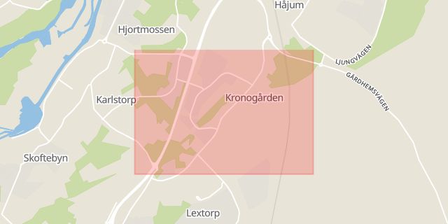 Karta som med röd fyrkant ramar in Kronogården, Trollhättan, Västra Götalands län