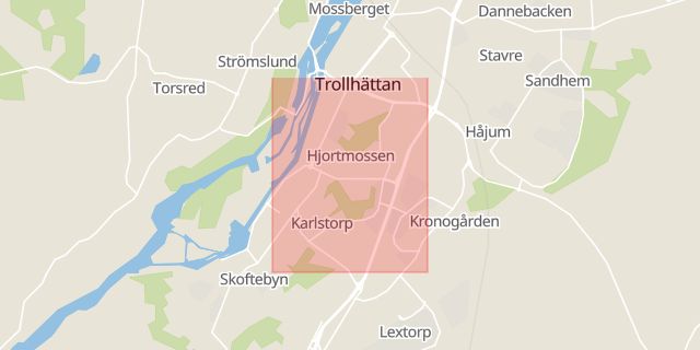 Karta som med röd fyrkant ramar in Hjortmossen, Trollhättan, Västra Götalands län