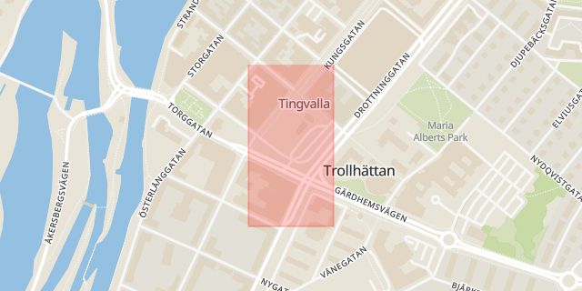 Karta som med röd fyrkant ramar in Drottningtorget, Trollhättan, Västra Götalands län
