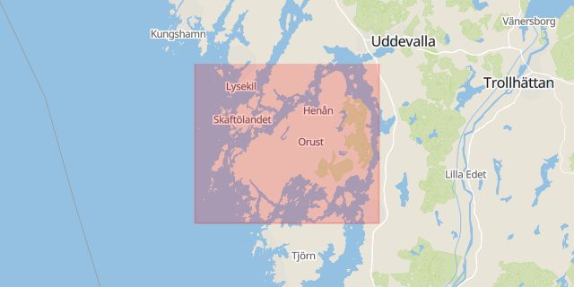 Karta som med röd fyrkant ramar in Orust, Västra Götalands län