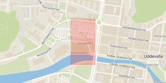 Karta som med röd fyrkant ramar in Kampenhof, Uddevalla, Västra Götalands län