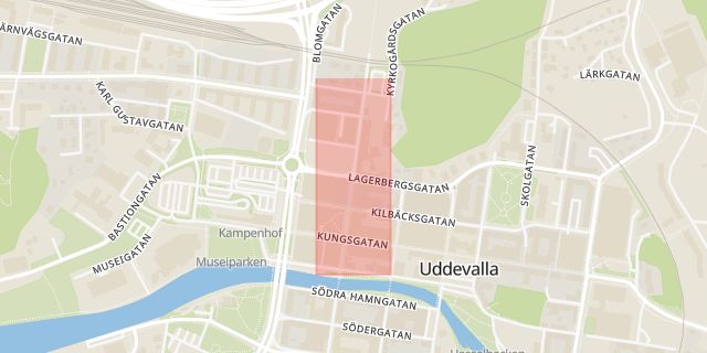 Karta som med röd fyrkant ramar in Drottninggatan, Uddevalla, Västra Götalands län