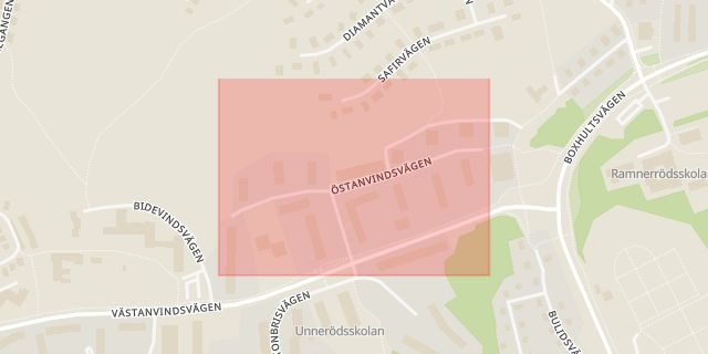 Karta som med röd fyrkant ramar in Östanvindsvägen, Uddevalla, Västra Götalands län
