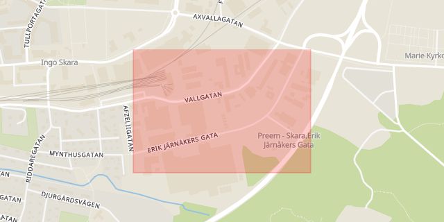 Karta som med röd fyrkant ramar in Erik Järnåkers Gata, Skara, Västra Götalands län