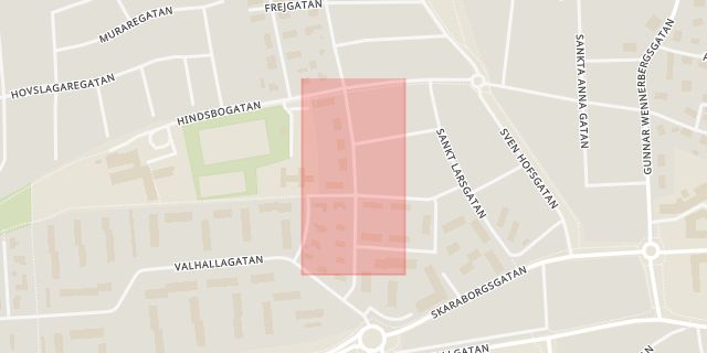 Karta som med röd fyrkant ramar in Sankt Persgatan, Skara, Västra Götalands län