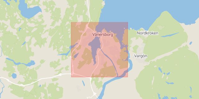 Karta som med röd fyrkant ramar in Vänersborg, Södra Järnvägsgatan, Trollhättan, Karlstorp, Göteborg, Kungstorget, Västra Götalands län