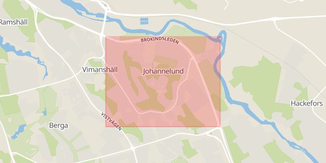Karta som med röd fyrkant ramar in Johannelund, Brokindsleden, Linköping, Östergötlands län