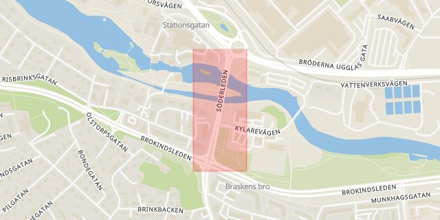 Karta som med röd fyrkant ramar in Braskens Bro, Linköping, Östergötlands län