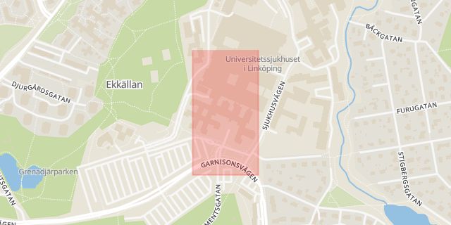 Karta som med röd fyrkant ramar in Stångån, Gripgatan, Universitetssjukhuset, Linköping, Östergötlands län
