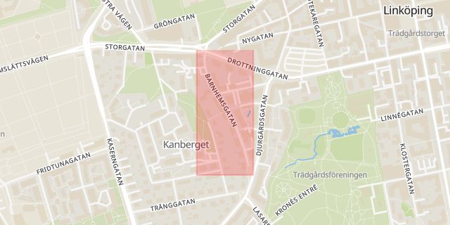 Karta som med röd fyrkant ramar in Barnhemsgatan, Linköping, Östergötlands län