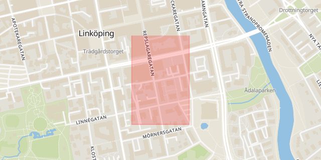 Karta som med röd fyrkant ramar in Isidor Kjellbergs Gränd, Linköping, Östergötlands län