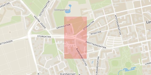 Karta som med röd fyrkant ramar in Kommunkontor, Barnhemsgatan, Storgatan, Linköping, Östergötlands län