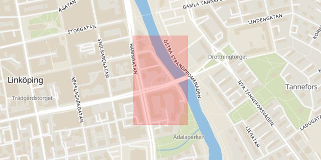 Karta som med röd fyrkant ramar in Strandgatan, Linköping, Östergötlands län