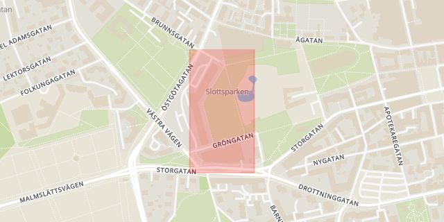 Karta som med röd fyrkant ramar in Kungsträdgården, Gröngatan, Linköping, Östergötlands län