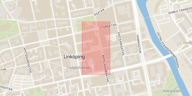 Karta som med röd fyrkant ramar in Lilla Torget, Linköping