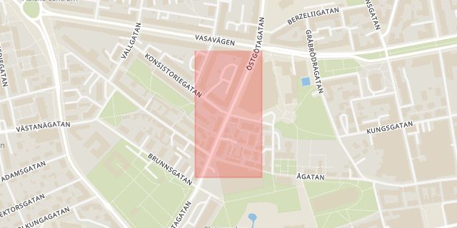 Karta som med röd fyrkant ramar in Värna, Konsistoriegatan, Östgötagatan, Barfotegatan, Linköping, Östergötlands län