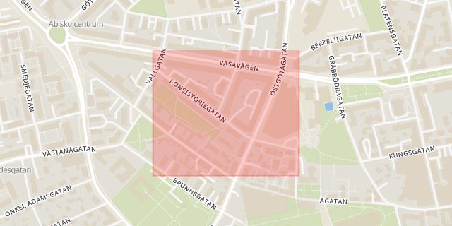 Karta som med röd fyrkant ramar in Konsistoriegatan, Linköping, Östergötlands län