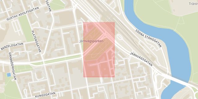 Karta som med röd fyrkant ramar in Järnvägsparken, Linköping, Östergötlands län