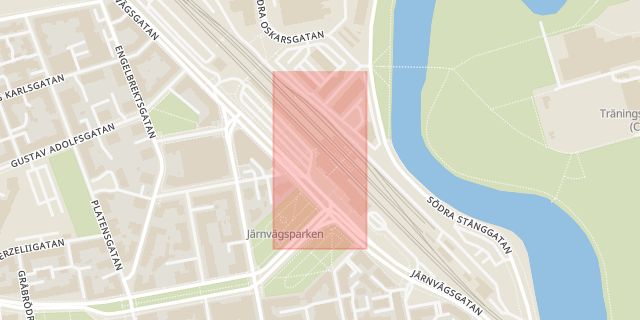 Karta som med röd fyrkant ramar in Resecentrum, Järnvägsgatan, Linköping, Östergötlands län