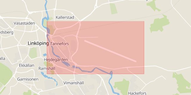 Karta som med röd fyrkant ramar in Östergötland, Vadstenavägen, Ringtrastvägen, Motala, Tannefors, Linköping, Östergötlands län