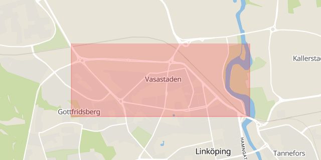 Karta som med röd fyrkant ramar in Linköping, Berg, Norrköping, Sankt Persgatan, Mjölby Kommun, Vasastaden, Östergötlands län