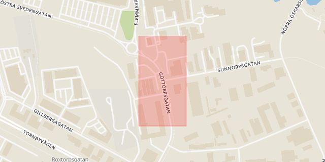 Karta som med röd fyrkant ramar in Gottorpsgatan, Sunnorpsgatan, Linköping, Östergötlands län