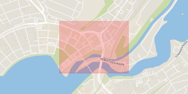 Karta som med röd fyrkant ramar in Platensgatan, Motala, Östergötlands län