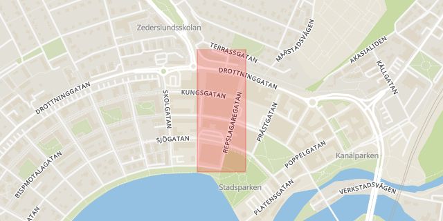 Karta som med röd fyrkant ramar in Repslagaregatan, Motala, Östergötlands län