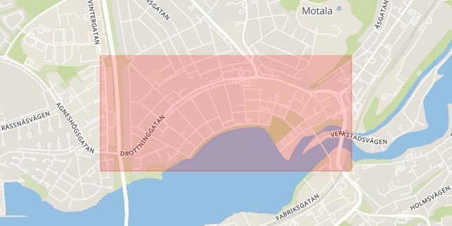 Karta som med röd fyrkant ramar in Drottninggatan, Motala, Östergötlands län
