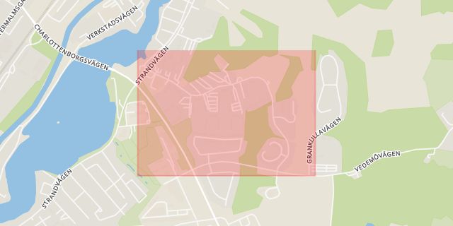 Karta som med röd fyrkant ramar in Lustigkullevägen, Motala, Östergötlands län