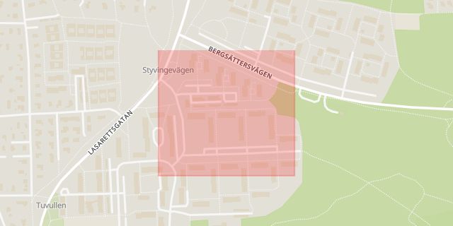 Karta som med röd fyrkant ramar in Styvingevägen, Motala, Östergötlands län