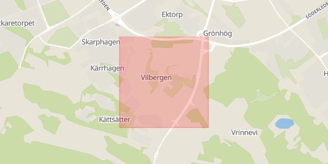 Karta som med röd fyrkant ramar in Vilbergsgatan, Norrköping, Östergötlands län