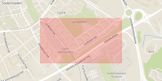 Karta som med röd fyrkant ramar in Ljura, Ljuragatan, Norrköping, Östergötlands län