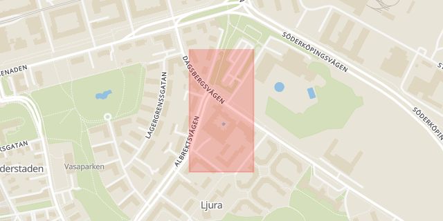Karta som med röd fyrkant ramar in Ljuraskolan, Norrköping, Östergötlands län